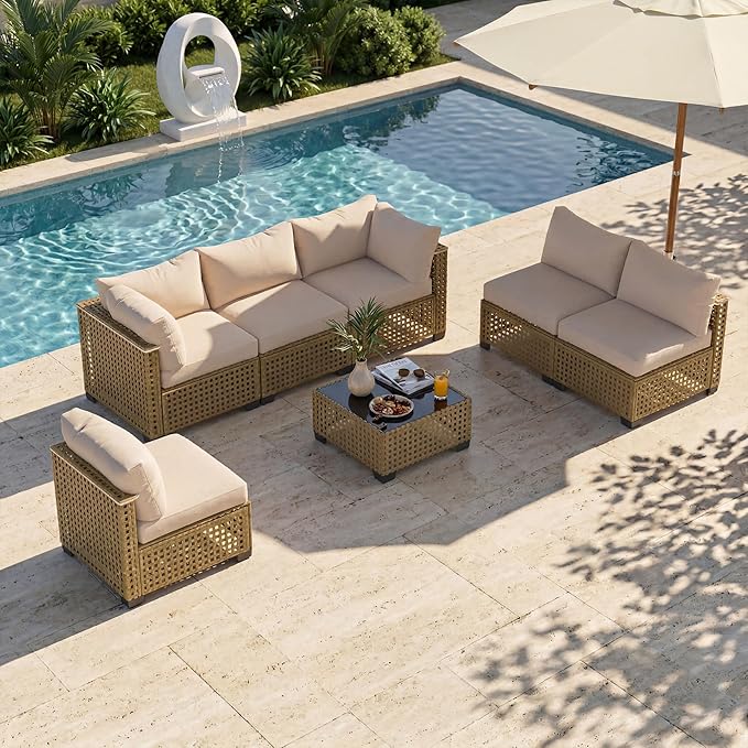 7 Pieces Patio Furniture Sets, Outdoor Furniture Patio Conversation Set, All Weather PE Rattan Sectional Sofa with Cushions and Black Glass Table (Yellow-White,7 Pieces-S)