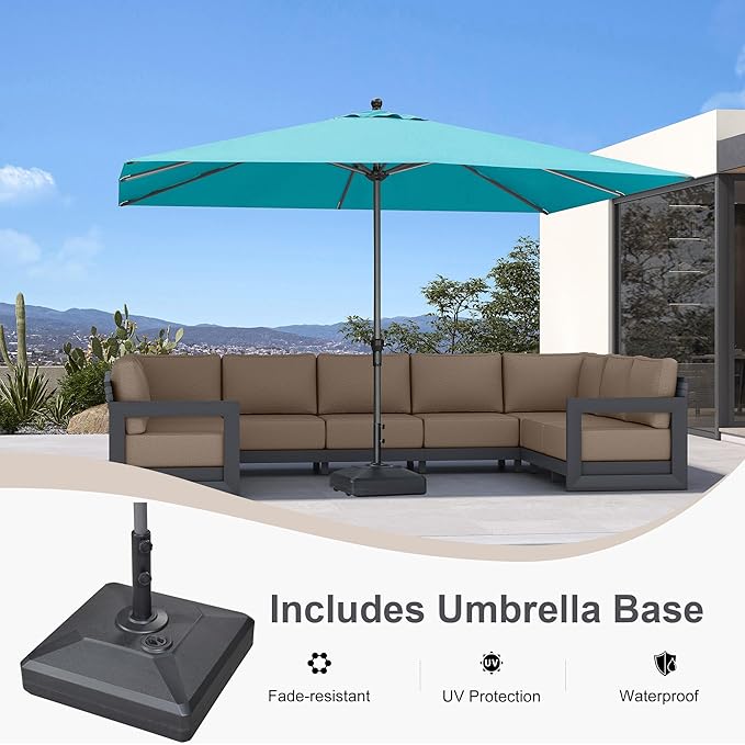 PURPLE LEAF 11.5' x 8' Rectangle Patio Market Umbrella with Base Outdoor Table Umbrellas Aluminum Frame Sun Shade with 8 Sturdy Ribs for Garden Deck Lawn Pool Turquoise Blue
