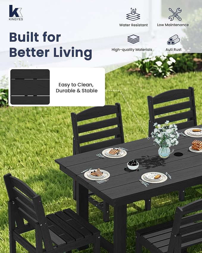 KINGYES 7-Piece Patio Dining Set, HDPE Table and Armless Chairs Outdoor Furniture Set with Umbrella Hole, Black