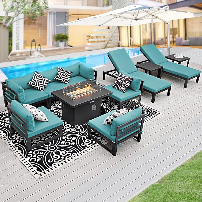 BULEXYARD 11 Piece Large Modern Aluminum Outdoor Sofa with Lounge Chair & Fire Pit Table, 500 lbs Durable Sectional Set for Heavy People, All Weather Comfy Patio Furniture Set for Backyard, Turquoise