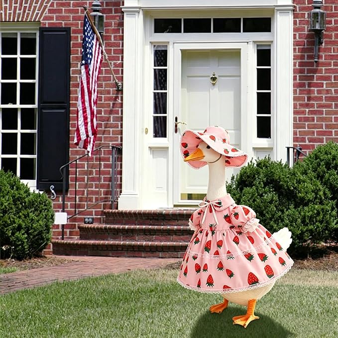 Summer Porch Goose Outfit for 23'' Cement Statue Goose, Strawberry Porch Goose Clothes Skirt Costume for Summer Outdoor Yard Lawn Patio Decor