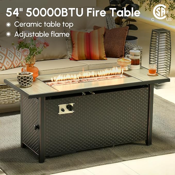 10 Pcs Outdoor Sectional Patio Furniture Set with Fire Pit Table - All Weather Wicker Modular Outside Sectional Couch,Patio Seating Outdoor Conversation Sets for Deck Yard Garden,Beige