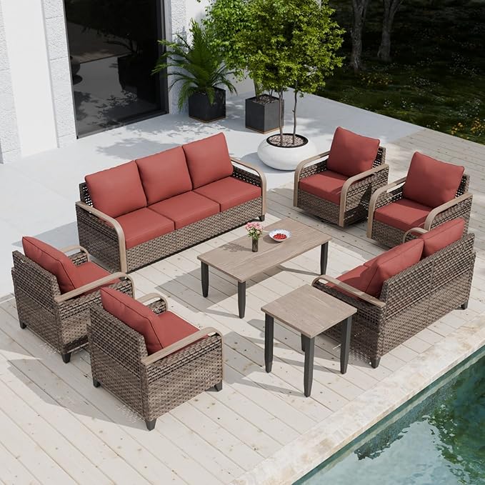 COOS BAY Modern Wicker Outdoor Furniture Set, 8 Piece Patio Conversation Set with 2 Swivel Rockers, 2 Patio Chairs, a 3 Seat Couch, a Loveseat, Coffee Table and Side Table, 8 Piece, Brown/Red
