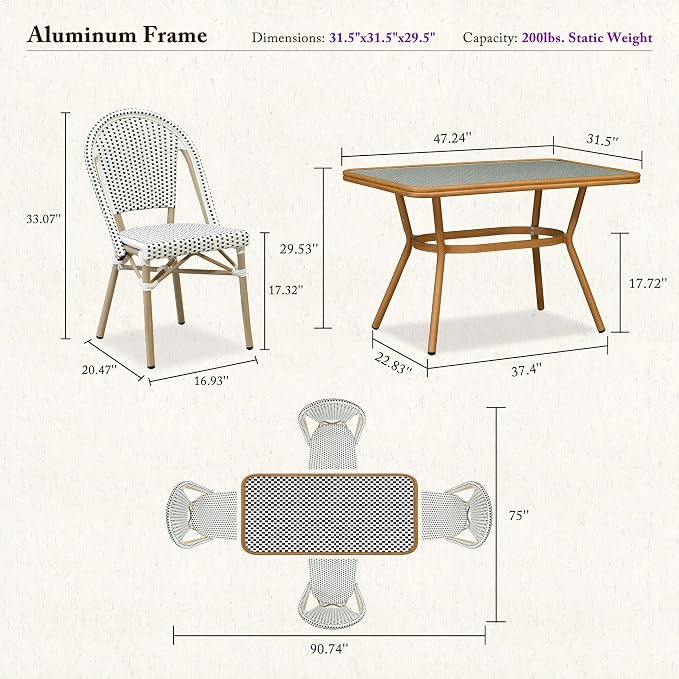 PURPLE LEAF 5-Piece French Bistro Dining Set Rectangle Outdoor Patio Table and 4 Armless Chairs Tempered Glass Top PE Rattan Champagne Print Finish Aluminum Frame White