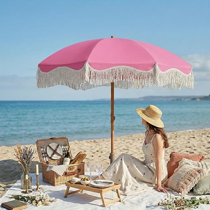 7ft Patio Umbrella with Fringe, Boho Beach Umbrellas, Outdoor Tassels Umbrellas with Push Button Tilt & Carrying Bag, 8 Windproof Fiberglass Ribs, UPF50+