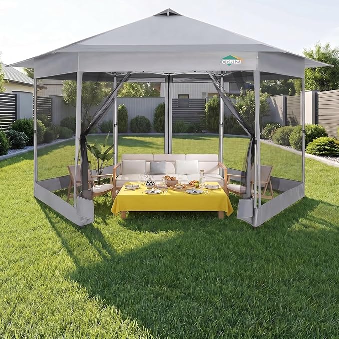 COBIZI 16x16 Pop up Gazebo on Clearance, Hexagonal Outdoor Canopy Tent with Mosquito Netting，Adjustable Height and 256 Square ft of Shade for Party, Backyard, Gardens with Vented Top（Gray）