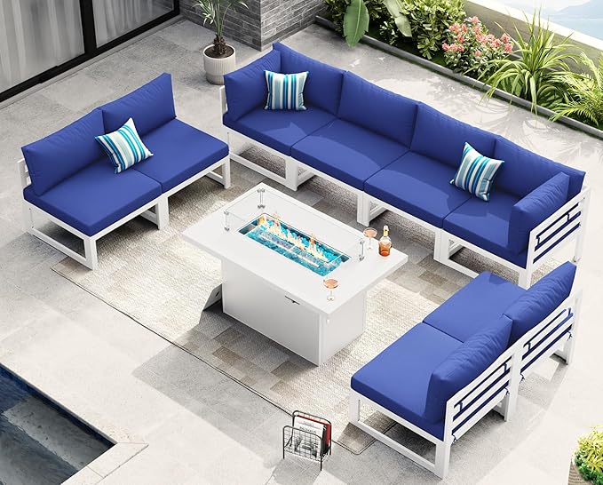 NICESOUL 9 Pcs Large Modern Aluminum Outdoor Sitting with Fire Pit Table, 29" Deep Wide Seater, 500 lbs Durable Sectional Sofa for Heavy People, All-Weather Patio Furniture Set for Backyard, Navy Blue