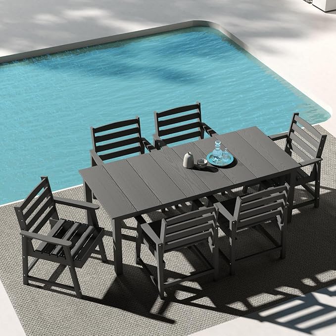 7-Piece Outdoor Dining Set for 6, 75.2" HDPE Patio Table with Umbrella Hole & 6 Chairs, Weather-Resistant Wood-Look Patio Furniture for Garden, Lawn, Deck, or Poolside (Grey)