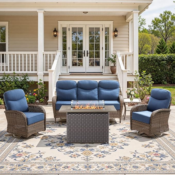 5-Piece Luxury Patio Furniture Set with 6-Inch Thick Cushions, High-Back Outdoor Swivel Rocker Chairs & Wicker 42" Fire Pit, All-Weather Conversation Set for Porch, Deck, Balcony or Backyard – Blue