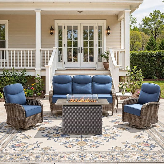 5-Piece Luxury Patio Furniture Set with 6-Inch Thick Cushions, High-Back Outdoor Swivel Rocker Chairs & Wicker 42" Fire Pit, All-Weather Conversation Set for Porch, Deck, Balcony or Backyard – Blue