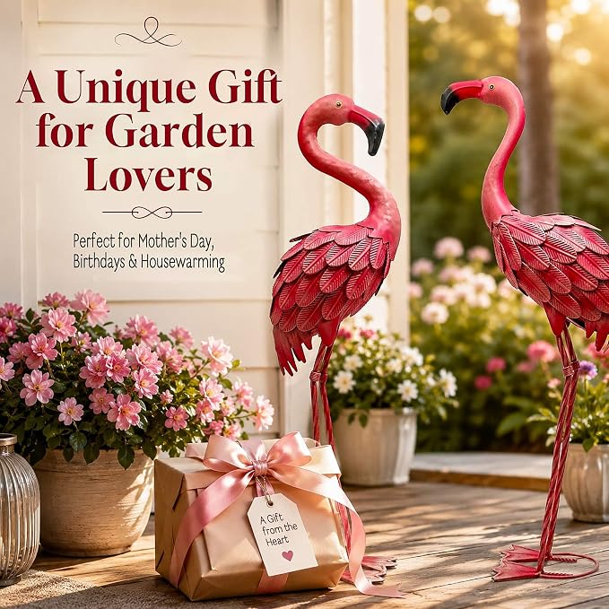 YOUKI Metal Yard Art Flamingo Decor Pink Flamingos for Yard Garden Statues Red Flamingo Yard Art Outdoor Sculptures for Outside Home Patio Lawn Ornaments Backyard Decor, Set of 2