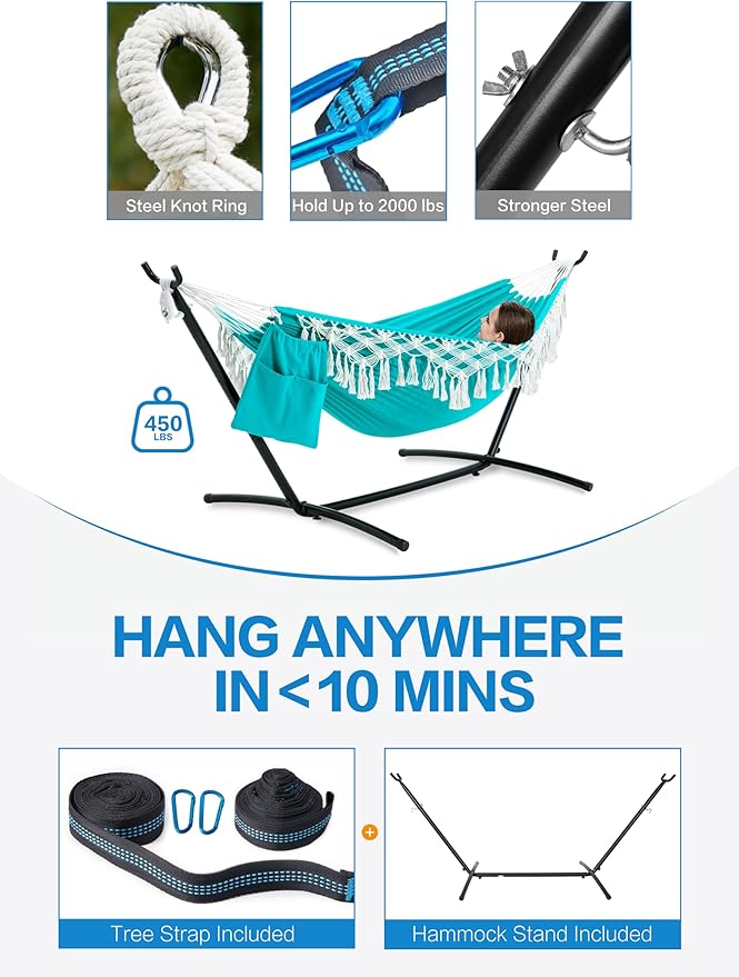 PNAEUT Handmade Tassel Hammocks, Double Hammock with Stand for Outside Indoor Outdoor, Max 450 lbs Capacity, Tree Straps & Carabiners & Pillow & Storage Bag and Portable Carrying Bag Included (Aqua)
