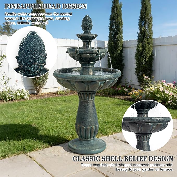 Kluomm 41" 3-Tiers Outdoor Water Fountains, Italian Pineapple Cascading Waterfall Fountain, Weather-Resistant Resin Freestanding Fountain Features for Garden, Patio, Backyard (Black)