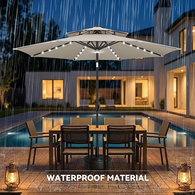 9ft Solar Umbrella Outdoor - 2-Tier Lighted Solar Patio Umbrella with 40 LED Lights Waterprool UV Protection, Table Umbrella with Tilt for Pool, Porch, Garden, Backyard (Taupe)
