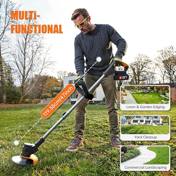 Electric Weed Wacker Weed Cordless Eater with Wheels and 2 Pcs 21V/2000mAh Batteries, 3 in 1 Grass Trimmer/Brush Cutter/Lawn Edger with 27 Pcs Replacement Blades for Lawn Garden and Yard (Black)
