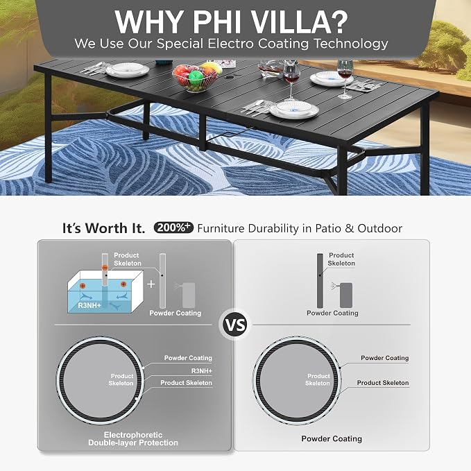 PHI VILLA Outdoor Dining Set for 8 w/Metal Table & Folding Chairs, Grey | Light-weight & space-saving, Breathable & quick-drying, Rectangular, Umbrella Hole, Weather-Resistant, Adjustable, Patio deck