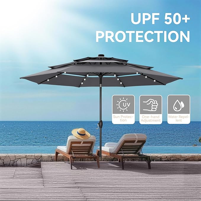 GREEN PARTY 10ft Patio Umbrella with Solar Lights, Auto-Tilt Lighted Market Table Umbrellas with Crank, 8 Sturdy Ribs & 1.5" Pole outdoor umbrellas for Patio Garden Deck Backyard Pool, Grey