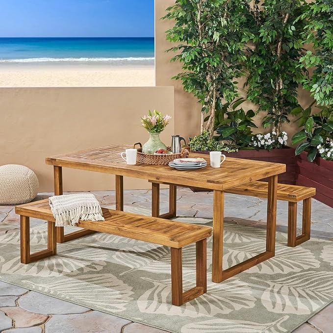 69'' Outdoor Patio Dining Table & 2 Bench for 4, Acacia Wood Dining Table Set Outdoor & Indoor Furniture for Patio Porch Garden, 3-Pcs, Sandblast Natural Finish