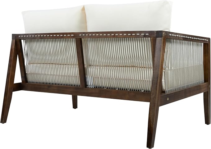 Christopher Knight Home Lalulu Outdoor Loveseat Sofa and Coffee Table Set, Acacia Wood Patio Furniture Set with Cushion, Solid Wood Outdoor Conversation Set, Dark Brown+Beige