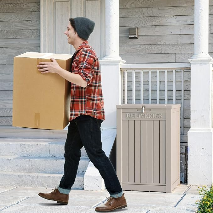 Vixzen Extra Large Package Delivery Box for Outside,Waterproof & Sturdy Parcel Drop Boxes,Resin,Easy to Assemble,Package Drop Box for Porch, House, Curbside,Light Brown