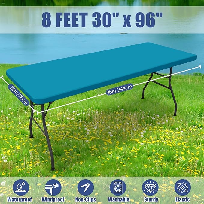 Moosfor Spandex 8 Foot Rectangle Table Cloth 2 Pack, Elastic Fitted Tablecloths for Picnic, Stretch Washable Patio Table Cover for Outdoor, Camping, Banquet and Parties (Teal, 30"x96")