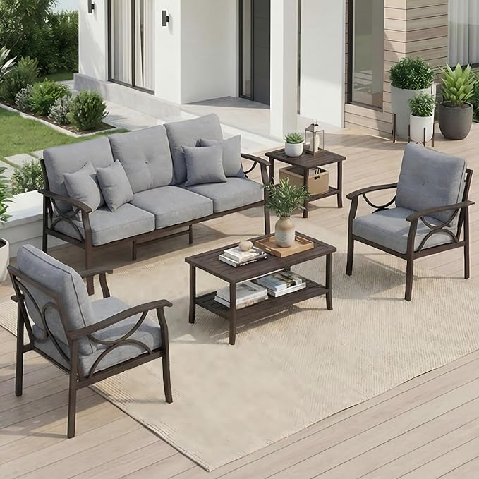 RoyalCraft 5-Pieces Outdoor Patio Furniture Set, Outdoor Metal Sectional Furniture with Cushions, Outdoor Conversation Seating Set with Coffee Table for Balcony, Backyard, Garden, Deck, Grey