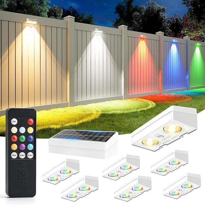 JOFIOS Solar Fence Lights Outdoor with Remote, 8 Pack, 9 Fixed Colors ＆ Color Changing Solar Lights Outdoor Waterproof IP65 Dusk-to-Dawn Vinyl Fence Lights for Patio, Railing, Pool, Porch, Backyard