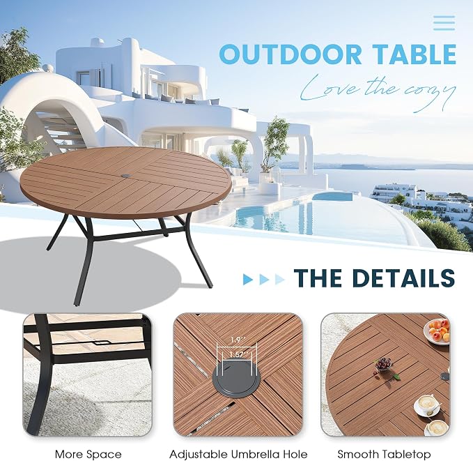 Patio Dining Table for 6, Round Metal Outdoor Table with Storage Shelf, 1.57" Umbrella Hole, 50" Outdoor Quartered Tabletop Dining Table for Backyard, Porch, Lawn, Walnut