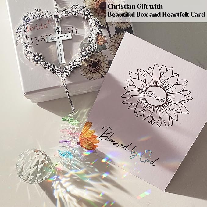 Christian Gifts for Women, Religious Suncatcher for Birthday Friendship | Catholic Baptism Gift, John 3:16 Crystal Ornament with Cross, Bible Verse Indoor Window Decor Spiritual Suncatcher