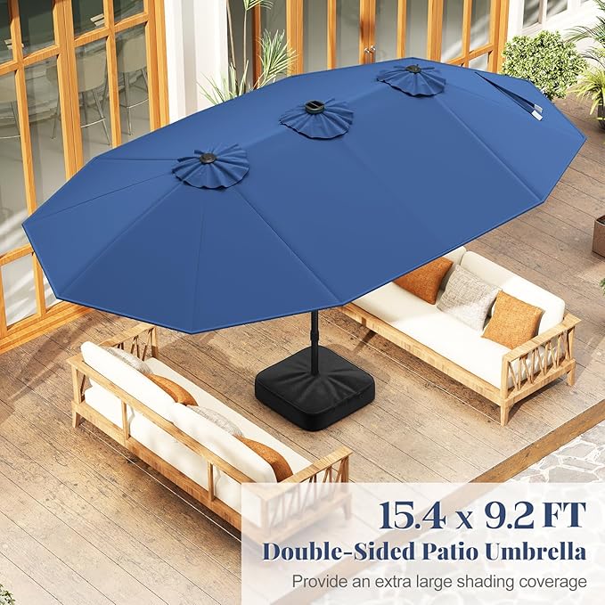 Tangkula 15FT Double-Sided Solar Patio Umbrella, Extra-Large Outdoor Twin Umbrella with 48 LED Lights, Vented Top, Crank Handle, 12 Ribs, Weighted Base Included for Backyard Poolside Deck (Navy)