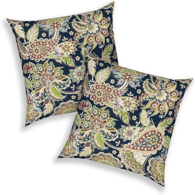 20x20 Inch Pack of 2 Patio Throw Pillow Covers ONLY, Water Repellent Cushion Cases, Square Pillowcases for Outdoor Couch Decoration, Paisley Sapphire Blue