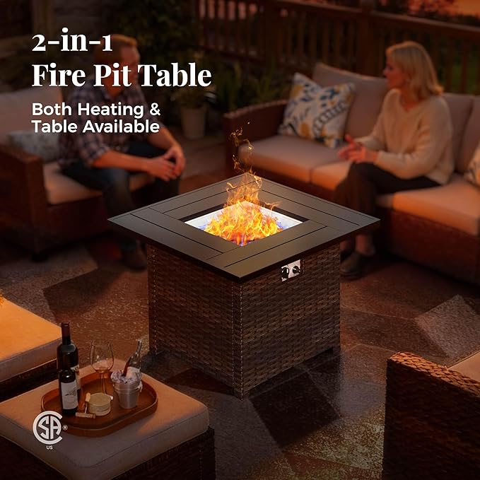 Patio Furniture Set, 8 Pcs Wicker Rattan Outdoor Conversation Set, 4 x Leg Chairs, 1 x 3 Seater Sofa and 2 x Ottomans with 4" Thick Cushion and 32" Fire Pit Table, Beige