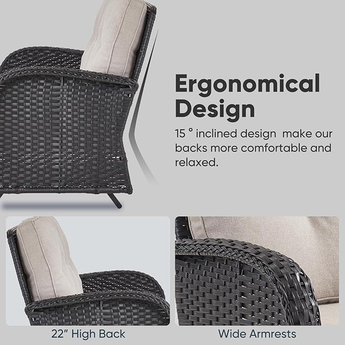 Belord 5 Pieces Patio Furniture Set with 30” Propane Fire Pit Table, Deep Seating Swivel Rocker Glider Outdoor Chairs Set of 4 with Side Table Set of 2 Patio Conversation Set Black Wicker
