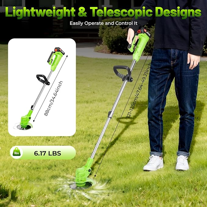 Cordless Grass Trimmer, 650W Electric Weed Wacker with 2 Batteries & Charger, 24V Battery Powered Lawn Mower with U-Shaped Handle, Auxiliary Wheels, Adjustable Telescopic Pole and 90° Flip Head