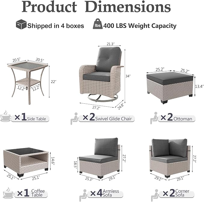 Patio Furniture Set, 12-Piece Outdoor Sectional Sofa with Swivel Rocker Chairs & Ottomans, Wicker Patio Conversation Set with Coffee Table, Gray Cushions
