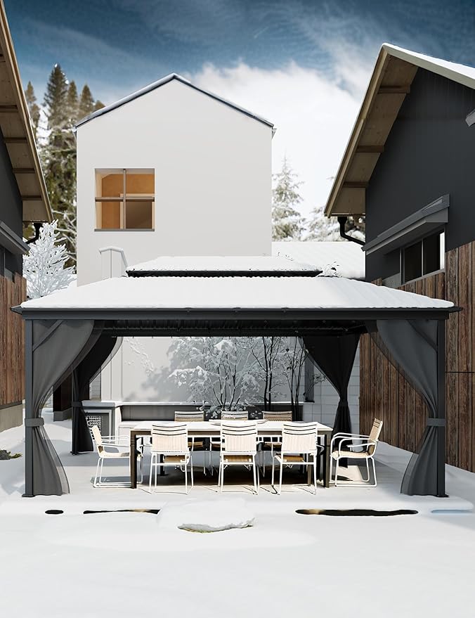 Hardtop Gazebo 12x16 ft, with Double Metal Roof, Net, and Curtain, Pergola for Patio, Deck, Backyard, Lawn, and Garden