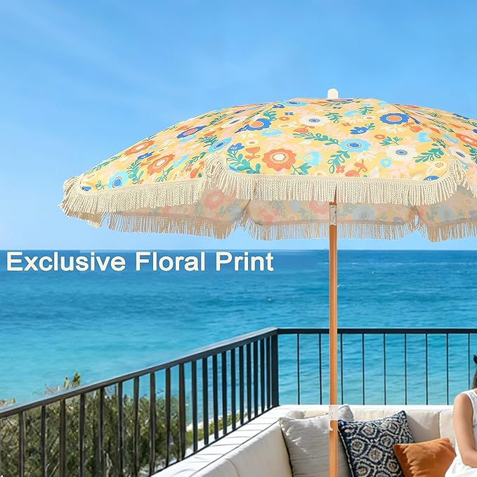 Seazul 5.2ft Patio Umbrella with Fringe, Beach Umbrella, Fringe Umbrella Outdoor Patio, Tilting Steel Pole, UV 50+, Fiberglass Ribs, Floral