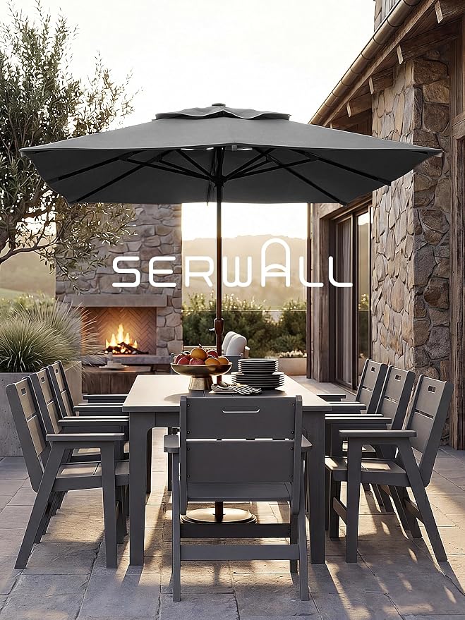 SERWALL 10-Piece Outdoor Dining Set, All-Weather HDPE Patio Furniture with 76" Rectangular Dining Table, 8 Arm Chairs & 1 15FT Umbrella (Base Not Included), Heavy Duty Patio Dining Sets, Gray