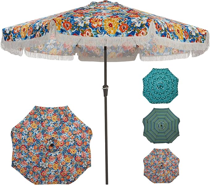 Garvee 10FT Fringe Patio Umbrella with Crank Handle, Push Button Tilt for Sun Shade,8 Fiberglass Ribs,1.5" D Premium Steel Pole, Outdoor Large Tassel Umbrella for Patio Beach Pool Backyard,10' Flower