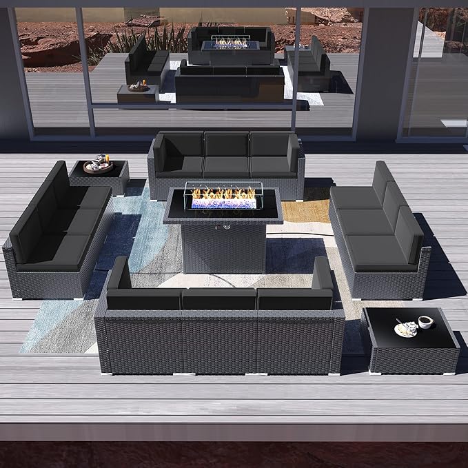 15 Pieces Patio Furniture Set with 44" Propane Gas Fire Pit Table, Outdoor Sectional Wicker Conversation Sofa Sets with Coffee Table