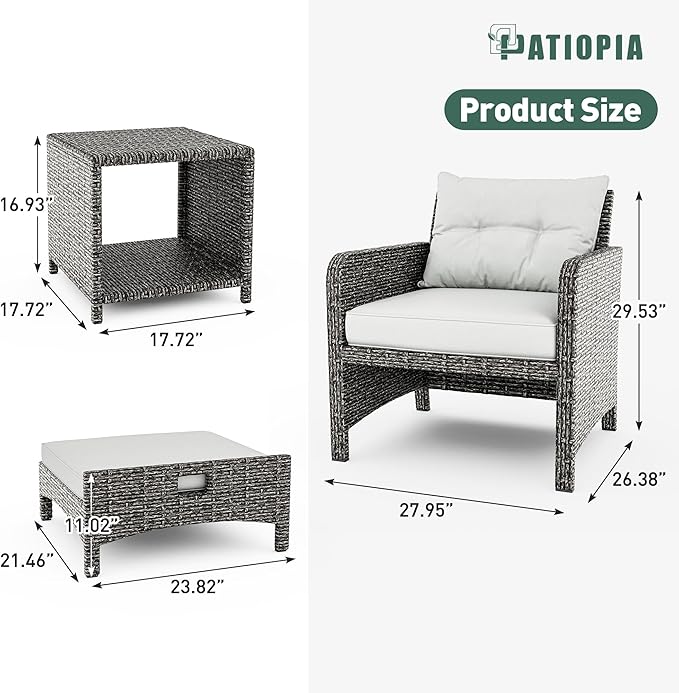 5 Piece Patio Furniture Set, All-Weather Patio Furniture with Soft Cushions, PE Wicker Patio Sofa Set with Coffee Table and Ottoman, for Outdoor, Porch, and Balcony (Light Grey-Grey)