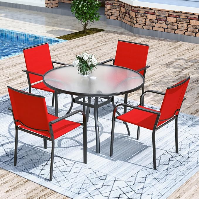 Anmutig 5-Piece Outdoor Patio Dining Set, 40-Inch Round Glass Table with 4 Stackable Chairs,Red