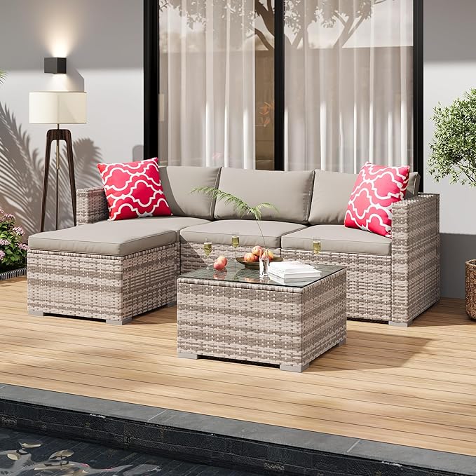 5-Piece Outdoor Sectional Sofa Set, All-Weather PE Rattan Patio Furniture with Ottoman & Tempered Glass Table, Convertible Garden Couch for Backyard, Porch, Poolside (Gray/Light Gray)