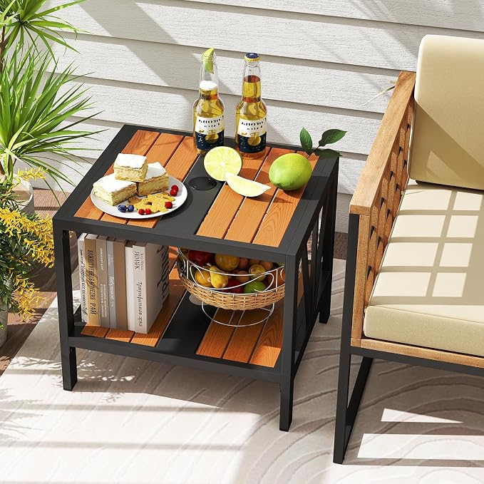 Tangkula Outdoor Side Table with 1.57” Umbrella Hole, 2-Tier Patio Metal End Table with Storage Shelf, Small Bistro Coffee Table for Porch, Balcony, Garden and Backyard (2)
