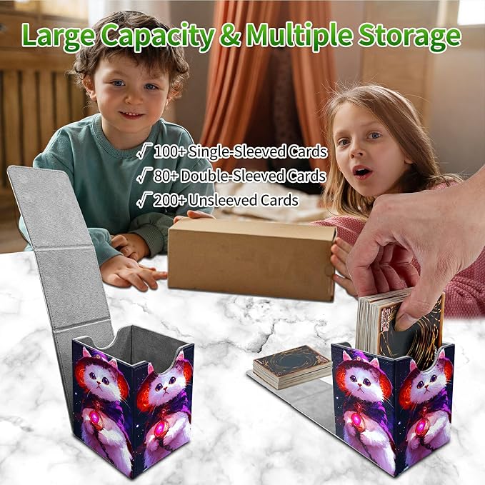 Deck Box for MTG, Cards Storage Box Fits 120+ Sleeved, Leather Medium Size Strong Magnetic Closing Card Case for Board Games Magic TCG CCG Baseball Collection, Purple White Cat