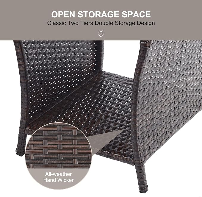 Outdoor Side Table for Patio Small Rattan Wicker Coffee Table Balcony Table Outside End Table with Poly Lumber Table Top & Storage Bistro Table for Garden Porch Deck Living Room Backyard Brown