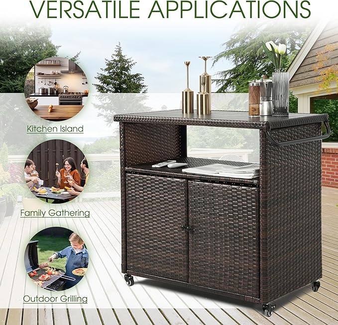 HOMEFUN Outdoor Bar Cart with Storage Cabinet - Outside Bar Table with Wheels Wicker Grill Carts Patio Kitchen Island Table Weatherproof Prep Stand, Brown