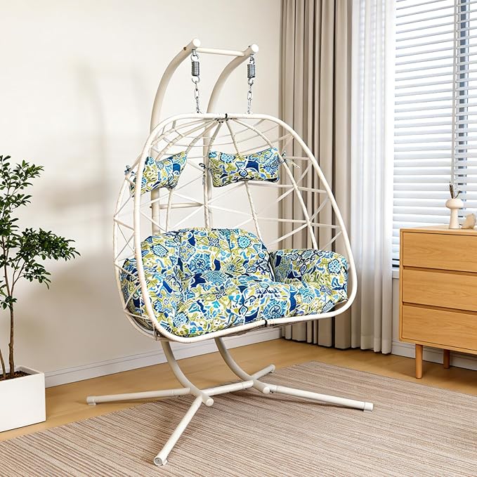 Double Egg-Shaped Hammock Chair with Stand Swing Egg Chair, Wicker Hanging Chair with Washable Cushion Sturdy Metal Stand, 600lbs Capacity for Indoor Outdoor Patio Living Room Etc(White+Morocco Dream)