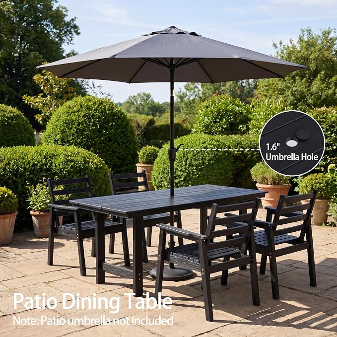 12-Piece Outdoor Dining Set, All-Weather HDPE Patio Furniture, Two 66.5" Slatted Table with 1.6" Umbrella Hole & 10 Ergonomic Armchairs, Heavy Duty 350lbs Capacity, UV Resistant, Black