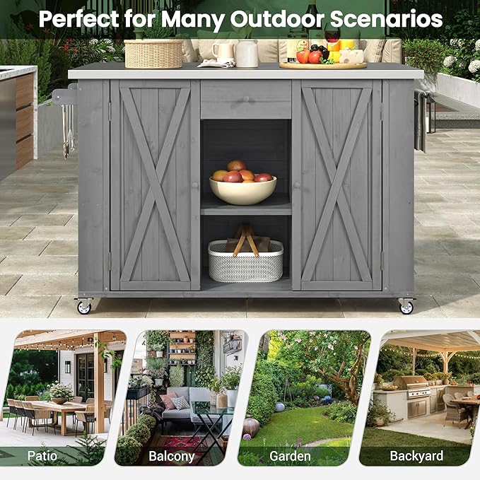 Outdoor Kitchen Island Fir Wood Kitchen Island with Stainless Steel Top,Ample Storage Space, Towel and Spice Racks and a Bottle Opener for Outdoor (Grey@53)